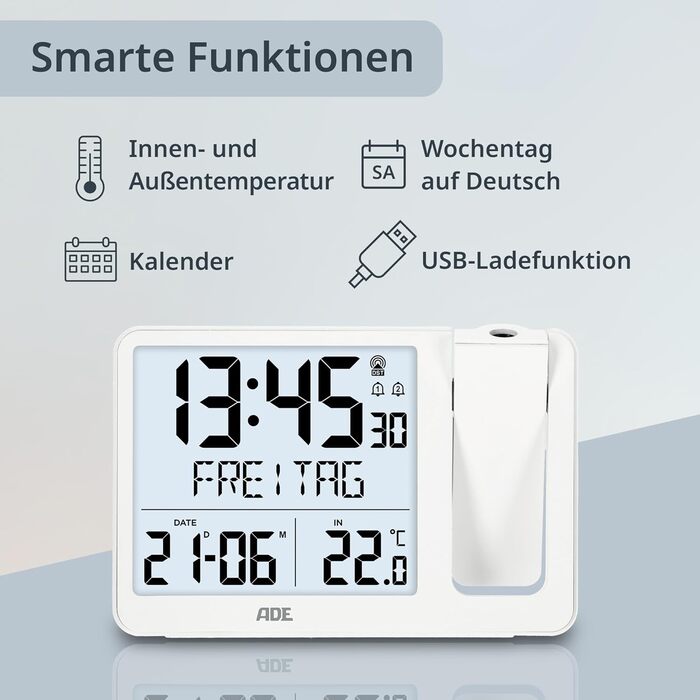 Digital Radio Alarm Clock with Projection and Outdoor Sensor | Projection Alarm Clock with 2 Alarm Times | Clock with Temperature Display, Date, and Day of the Week | Includes Power Cable | White