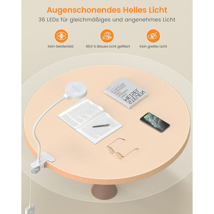 Glocusent 5W LED Лампа для читання на ліжко, кліпса, 3 кольори/5 рівнів яскравості, гнучкий тримач, CRI 90, USB зарядка (біла)