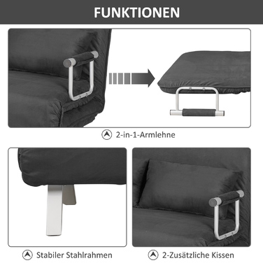 HOMCOM 2-Seater Sleeper Sofa with Armrest 65x69x80cm 3-in-1 Sleeper Chair, Guest Bed, Foldable Mattress, Faux Velvet, Gray | Aosom
