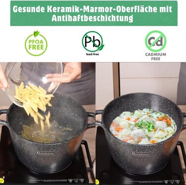 Каструля Goldmann 28 см з алюмінію з нержавіючою сталлю (10 л) з силіконовими ручками, антипригарне покриття з мармурової кераміки та скляною кришкою