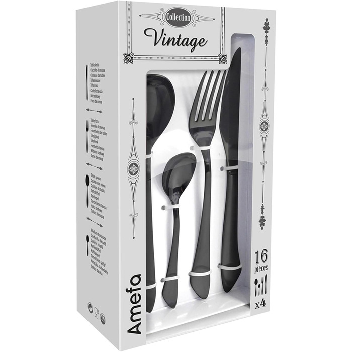 Набір столових приборів Amefa INSTINCT 16 шт. (4 особи) | Чорний, нержавіюча сталь 18/0, матове покриття, PVD | 4 виделки, 4 ножі, 4 ложки, 4 чайні ложки