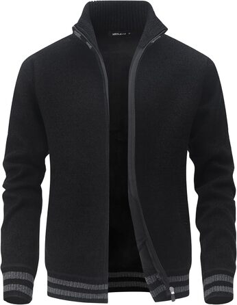 Чоловіча в'язана жилетка з кишенями, стійким коміром, флісовою підкладкою, кардиган, повсякденний зимовий одяг, в'язана куртка з блискавкою, теплий зимовий верхній одяг, чорний, L