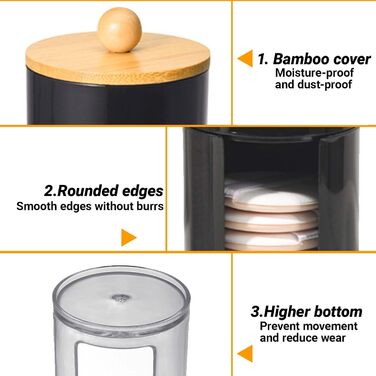 Диспенсер для ватних паличок та ватних дисків, чорний, 3 шт. - органайзер для ватного диска, бамбук, акрил