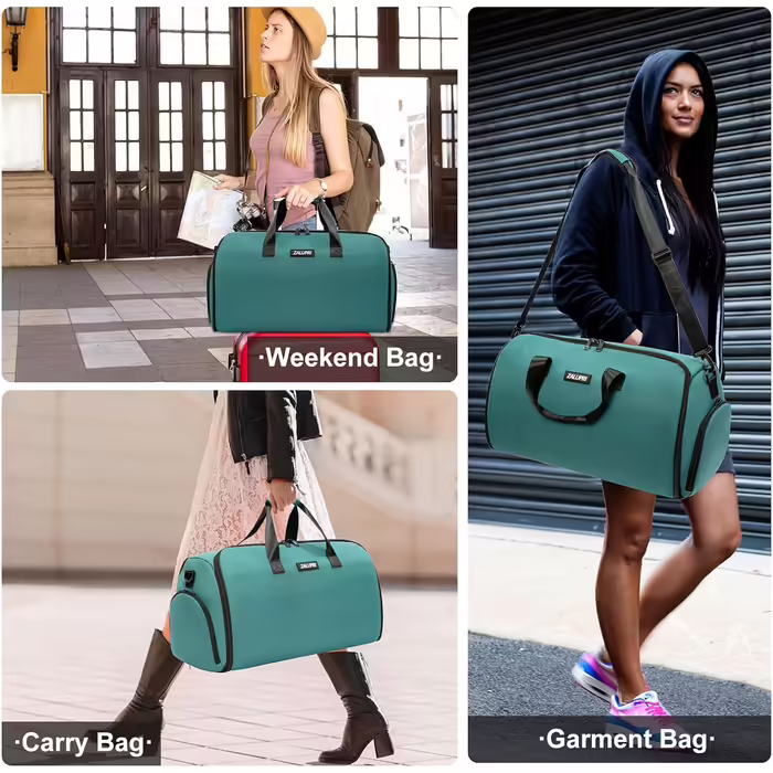 Garment bag with shoe compartment, convertible garment bag for men and women, 2-in-1 hanging, suitcase, suit, weekend, duffel bag, green, travel garment bag
