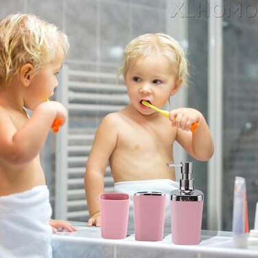 Набір аксесуарів для ванної кімнати XLHOMO Pinkes, 9 предметів: сміттєвий бак, піднос, дозатор мила, мильниця, тримач для зубних щіток, чашка, щітка для унітазу та контейнер для ватних паличок, темно-рожевий