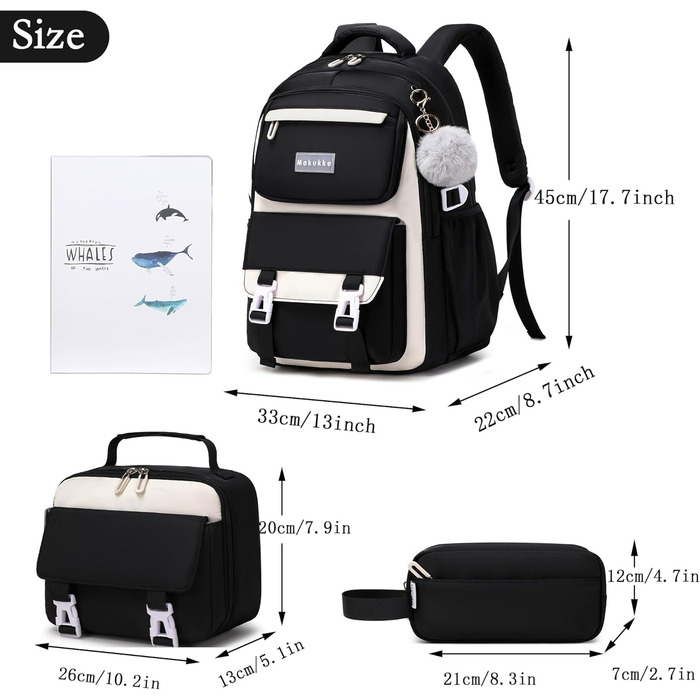 Шкільний рюкзак Makukke для дівчаток та підлітків: набір, водонепроникний, 30L, чорний