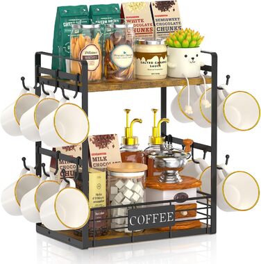 EsLuker.ly 2-Tier Mug Holders and Cup Stands, Mug Shelf for Coffee Cups, Coffee Organizer for Countertop, Coffee Station Organizer with Mug Holder, Vintage Brown-Black (15''H, Vintage Brown + Black)