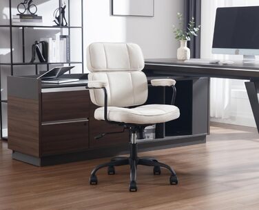 Крісло офісне, комп'ютерне, для дому, з регулюванням висоти, 360° обертання, з підлокітниками, з екошкіри, бежеве