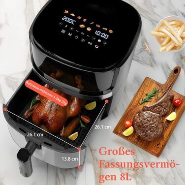 Фритюрниця повітряна Taylor Swoden Dual Blaze 8 літрів, 2000W з вікном, 10 програм, 3 режими, сенсорний дисплей, металевий корпус, регулювання температури та часу, для 9 осіб