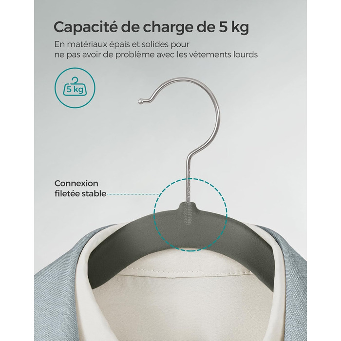 Плечики SONGMICS для одягу, 20 шт., велюрові, для сорочок, жакетів, костюмів, 41.5 см, обертовий гачок, сірий