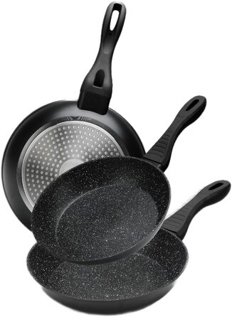 Набір сковорідок 3er – 20см, 24см, 28см – антипригарне покриття, сковорода для смаження – індукційне дно & PFOA-free – чорний гранітний дизайн