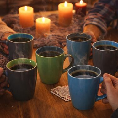 Набір керамічних чашок Com-Four® 6 шт. 350 мл - чайник для гарячих та холодних напоїв, сучасний дизайн, блакитно-зелено-сірий, з ручкою