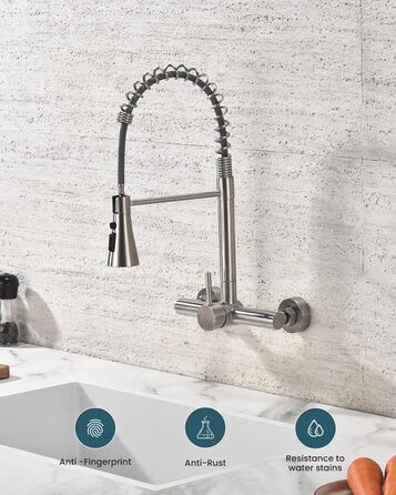 Змішувач кухонний настінний DAYONE з висувною лійкою, нержавіюча сталь, 3 режими, 360° обертання, відстань між отворами 15 см, матовий