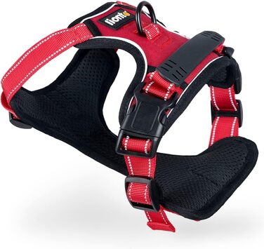 Нашийник для собак Lionto з м'якого нейлону, світловідбиваючий, анти-тяга, з 2 кільцями та 4 ремінцями, двома застібками-кліпсами та гумовим ручним тримачем (S, Червоний)