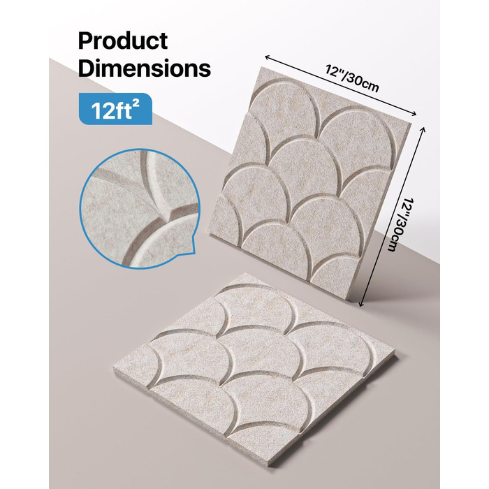 Акустичні панелі Soundsbay 12 шт, самоклейні звукопоглинаючі плити з поліестеру для шумоізоляції та декору стін, 30x30x0.9 см, світло-бежевий