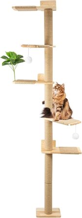 Кігтеточка-стійка для котів 206 см з натурального каучукового дерева, 5 ярусів, настінна, з широкою основою, плюшевими кульками, 360° обертання, XXL кігтеточка для котів для лазіння та дряпання