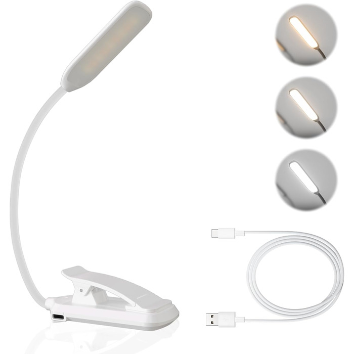 USB LED лампа для читання з кліпсою, 3 режими температури кольору, регульована яскравість, гнучка на 360°, для ліжка, столу та подорожей, біла