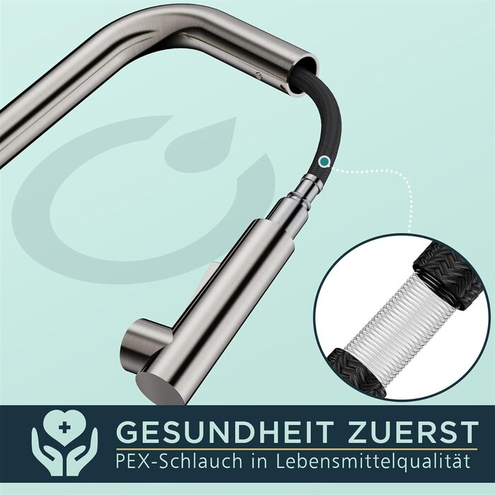 Змішувач кухонний FORIOUS з висувною лійкою та душем, 360° обертання, 2 режими, нержавіюча сталь