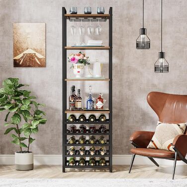 Tribesigns 20 Bottle Wine Baker's Rack, Freestanding Wine Rack, 9 Tiers, Industrial Freestanding Wine Rack Wine Bar with Glass Holder, Bottle Shelf for Bar, Kitchen, Dining Room, Rustic Brown