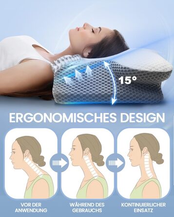 Ортопедична подушка для шиї з Memory Foam, Ergonomische, 2 висоти, для сну на боці, спині та животі, сірого кольору