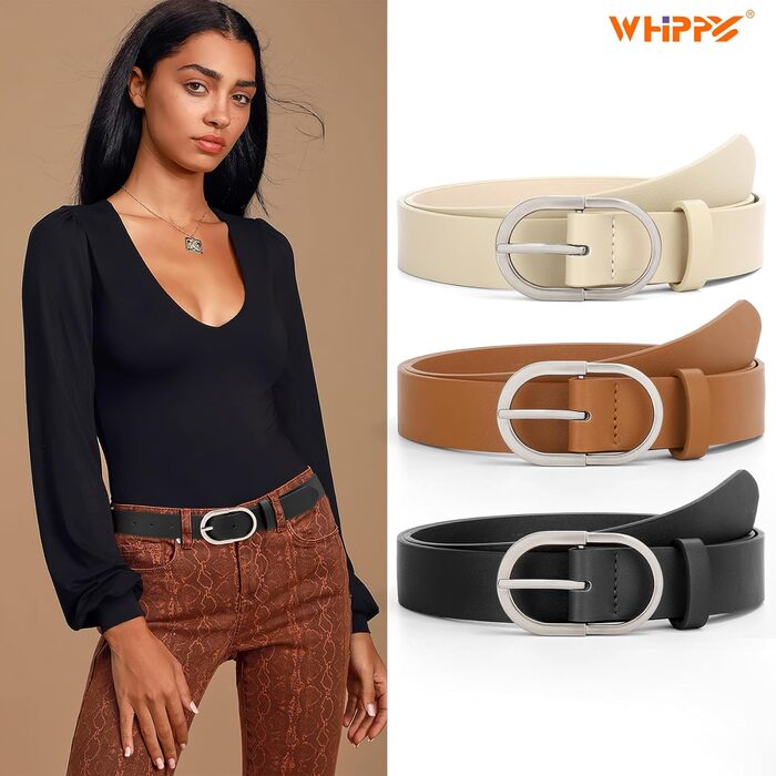 Жіночий та чоловічий шкіряний ремінь WHIPPY з срібною пряжкою для джинсів та штанів (чорний, розмір L 91-105 см, довжина 120 см)