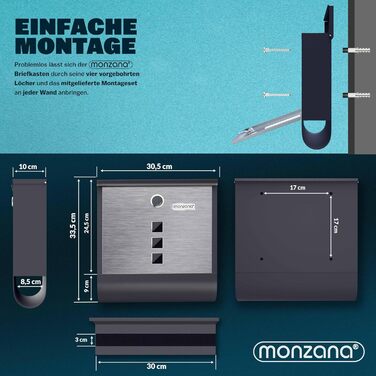 Поштовий ящик Monzana Kreuzschloss з мідним циліндром, поворотна кришка 31x10x34 см, вікно, табличка для імені, відділення для газет, сталь, 2 ключі, чорно-срібний