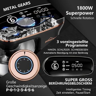 Кухонна машина HOMELUX 1800W з чашею 8 л з нержавіючої сталі, 6 швидкостей, LED-дисплей, насадки для замішування, збивання та взбивання, захист від бризок (чорний)