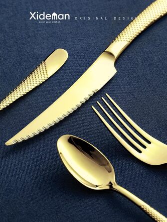 Набір столових приборів на 6 осіб, 24 предмети, нержавіюча сталь 18/10, золотий титан, сучасний дизайн, з двостороннім зазубреним ножем, для посудомийної машини