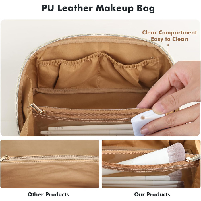 Косметичка велика містка для подорожей, водонепроникна з PU-шкіри, з прозорими перегородками та ручкою (M, Коричнева квітка)