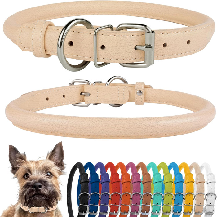 Шкіряний нашийник для собак CollarDirect, круглий, м'який з підкладкою, ручної роботи, справжня шкіра, для цуценят та дорослих собак, малих та великих порід, рожевий, червоний, фіолетовий, синій (бежевий, 15-18 см)