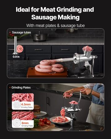 М'ясорубка ручна VEVOR з нержавіючої сталі 304, з присоскою для столу та насадками для ковбас (4.5/8 мм, 4 насадки)