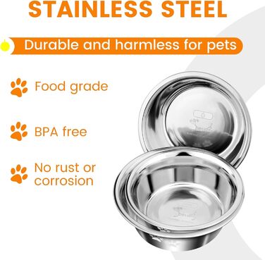 PETTOM Миски для собак з нержавіючої сталі, 2 шт. (3120 мл), миска для корму для собак великих, середніх та маленьких порід, миска для води з неслизьким силіконовим дном, розмір M - 21 см, срібний колір