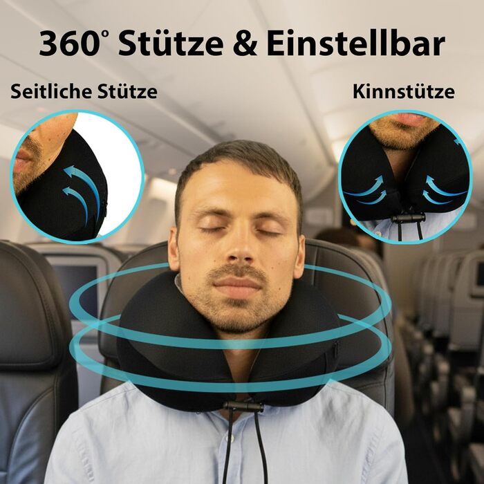 Подушка для шиї FlowZoom Dream Classic з регульованою підтримкою та знімним шнуром - подушка для подорожей у літак з піною Memory Foam - з чохлом та подарунковою упаковкою - Чорний