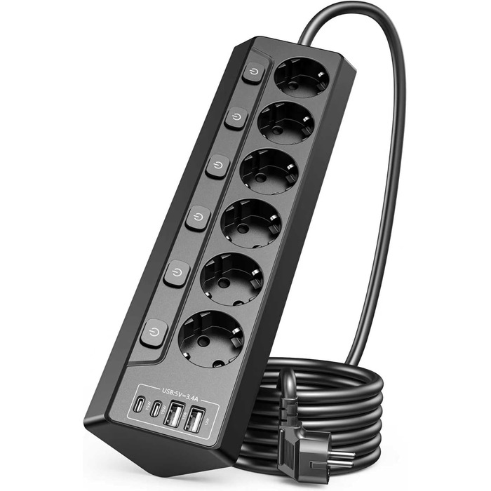 Мережевий фільтр 5-портовий з USB та LED, чорний. Розподільник розеток на стіл, для дому, кухні. Можливість настінного монтажу.