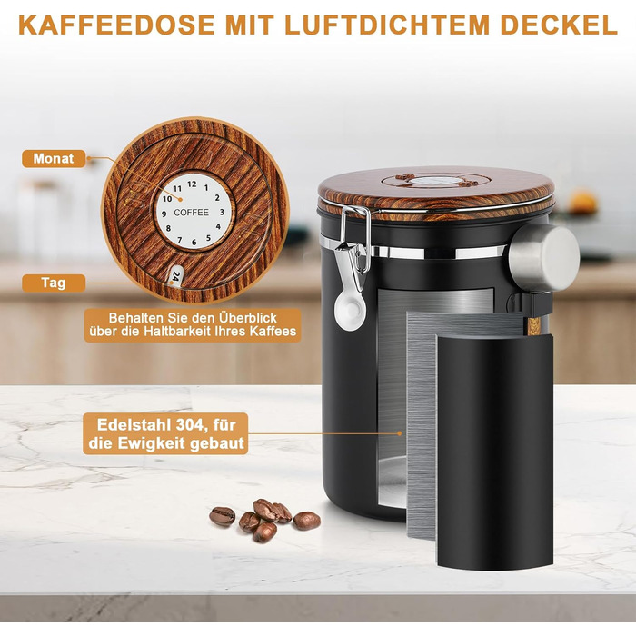 Каньора для кави 1 кг, нержавіюча сталь з дерев'яним декором, вакуумна каністра з CO2-клапаном, мірна ложка та індикатор дати, для кави, горіхів, какао