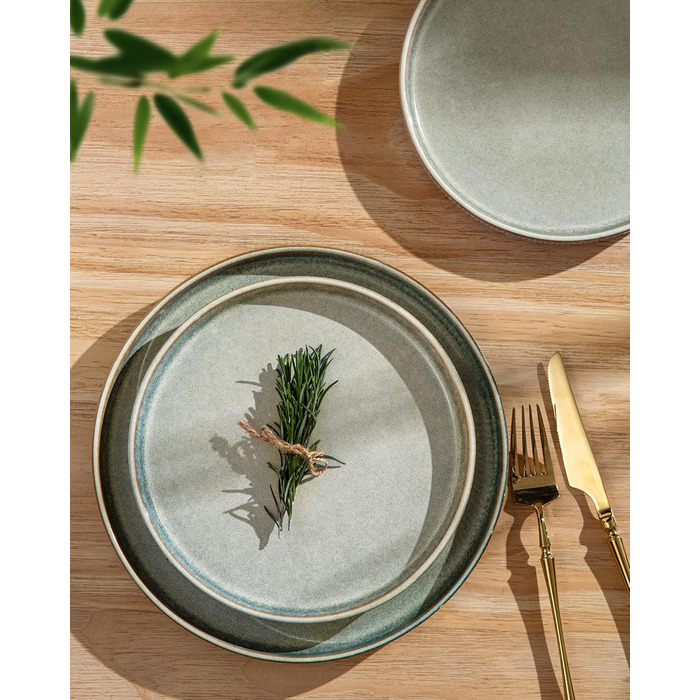 Набір посуду GBhome з реактивної глазурі для 6 осіб (18 предметів), ручна робота, керамічний посуд, безпечний для мікрохвильової печі та посудомийної машини, набір тарілок та мисок, колір Immergrün (Desret Salbei)