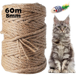 100M Sisal Rope for Cat Trees 8MM, Natural Sisal Rope for Cats, Scratch Rope, Household, Garden, DIY, Decoration, Cord for Replacement (60M x 8MM)