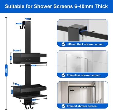 Поличка для душу без свердління, органайзер для ванної кімнати, чорна. Регульована поличка для шампуню та аксесуарів.