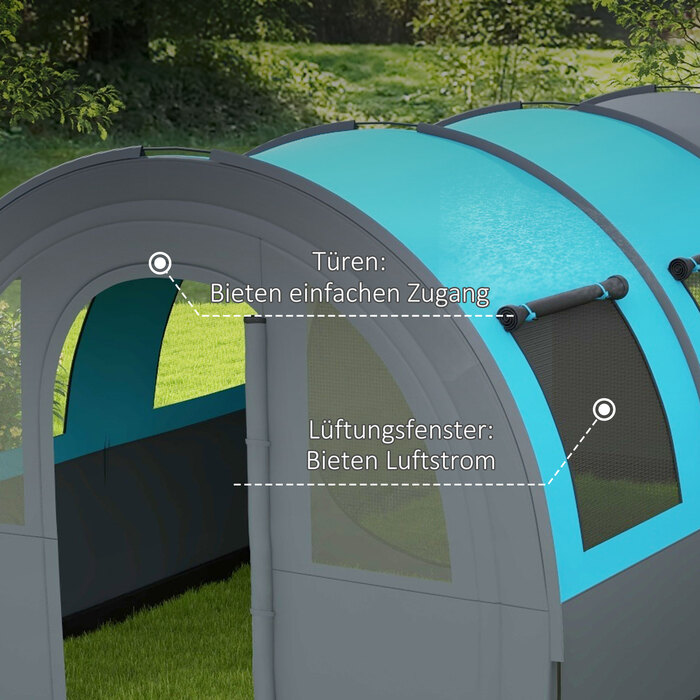 Намет Outsunny Tunnelzelt Campingzelt для 6 осіб з 2 кімнатами та гачками для ліхтариків, груповий намет з сумкою для перенесення, водовідштовхування 3000 мм, сімейний намет сірого кольору