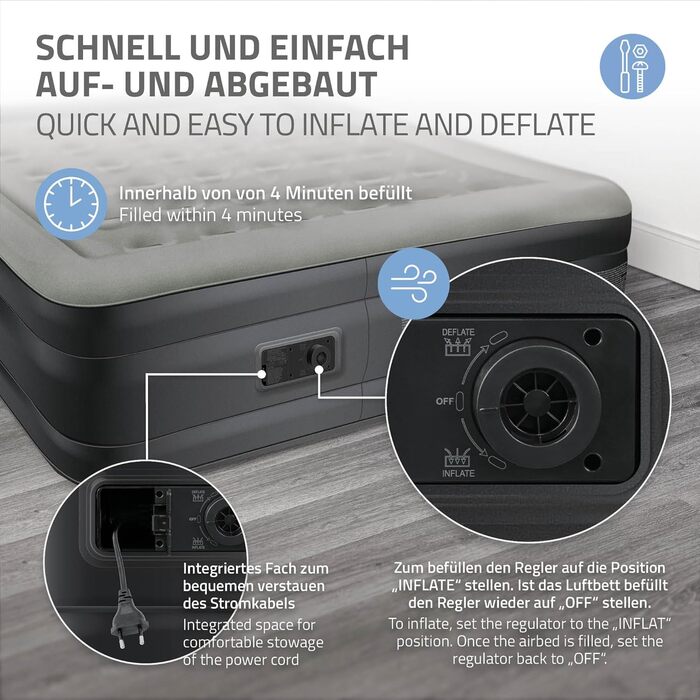 Надувна матрац 2 персони ML-Design 203x157x47 см сірий, сертифікат TÜV, самонадувний з електричною помпою 230V, для кемпінгу, гостьовий двоспальний матрац + сумка для перенесення сірий