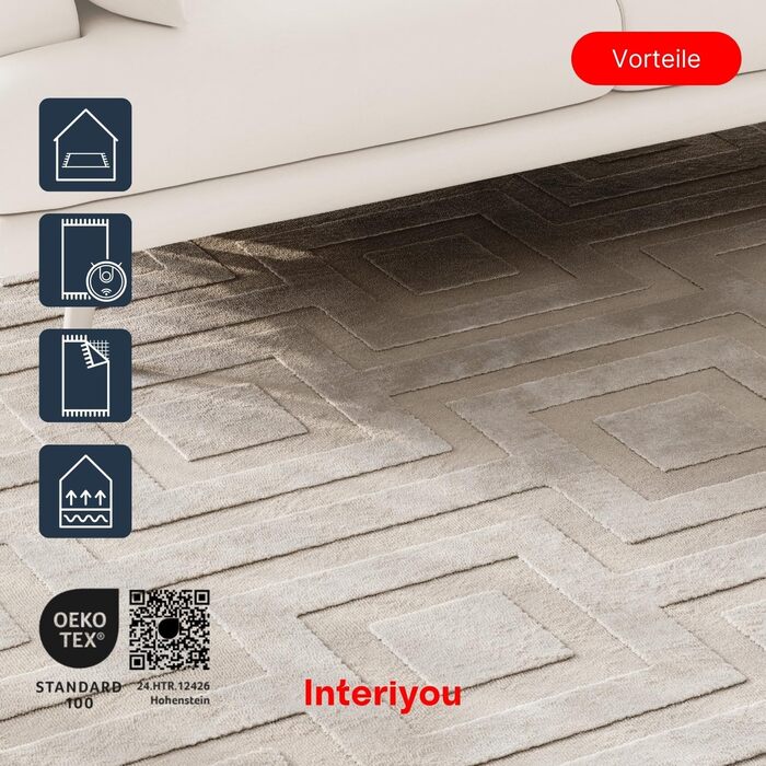 Килим Interiyou для вітальні/спальні/дитячої Cannes, 120x170 см, кремовий, короткий ворс, скандинавський бохо-стиль, геометричний малюнок