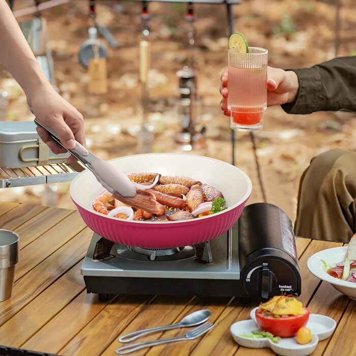 RIOVARM Induction Cookware Set with Removable Handles - Nonstick Granite Stackable Pots and Pans Set with Silicone Lids - PFOA Free Cookware Set - Pink