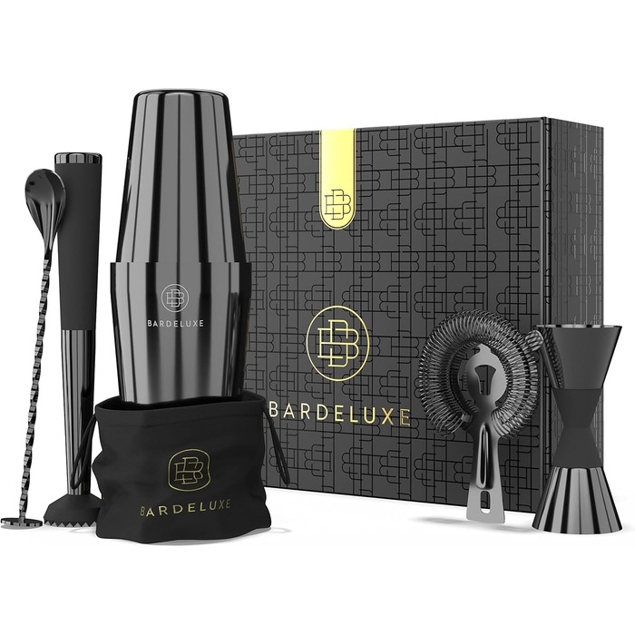 Набір бармена Boston Shaker Set BarDeluxe® 5 предметів: шейкер, аксесуари, рецепти, сумка. Нержавіюча сталь, 750 мл. Преміум подарунковий набір