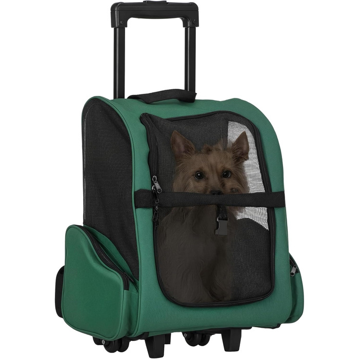 PawHut Рюкзак-переноска для собак та котів 2-в-1 з кишенями, телескопічною ручкою та колесами, 42 x 25 x 55 см, Зелений