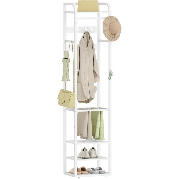 Настінна вішалка для одягу з 4 полицями та 13 гачками, 30 x 40 x 186 см, біла