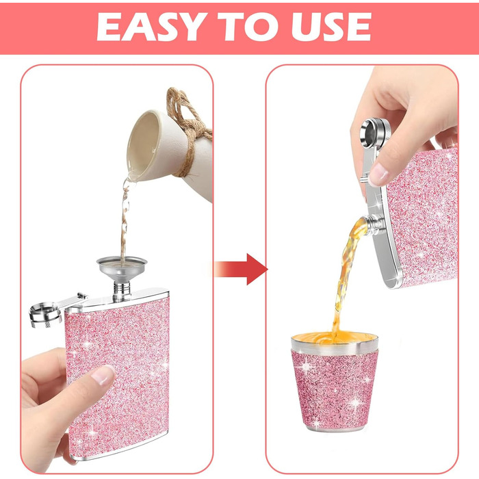 Набір фляг з нержавіючої сталі, рожевий, 8oz/240ml. Фляга з нержавіючої сталі та 2 склянки для шотів. Ідеально для подорожей, вечірок та подарунків.