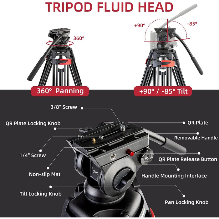 Штатив важкий 183 см, Lusweimi Професійний штатив для відеокамери з алюмінію, 2 швидкісні пластини, 360° Fluid-головка, середній розширювач, Макс. навантаження 7.7 кг