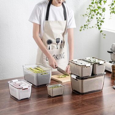 Freshness Food Storage Containers Set Refrigerator Organizer Reusable Storage Containers 3-Piece Set (0.5L+1.7L+4.5L) Plastic Refrigerator Organizer Set with Lid and Strainer (White, 3-Piece Set)