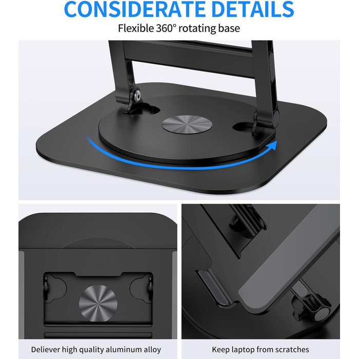 AOEVI Adjustable Laptop Stand with 360° Swivel Base - Ergonomic Foldable Laptop Riser for Desk - Compatible with MacBook Pro/Air & Notebooks up to 16 inches - Black