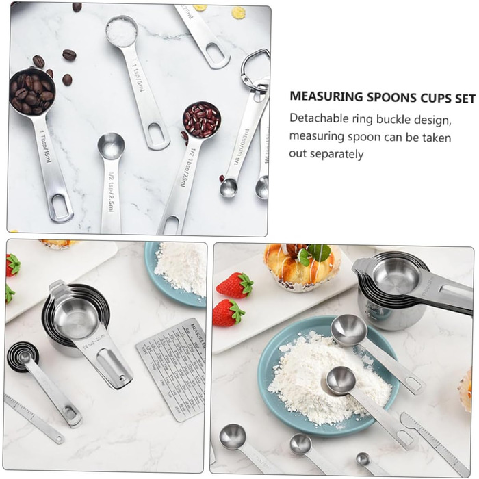 15-Piece Measuring Spoon Conversion Chart Multi-Purpose Scoop Portable Kitchen Gadgets Measuring Cup Mini-Scoop Portable Rice Spoon Espresso Spoon Kitchenware Silver Stainless Steel